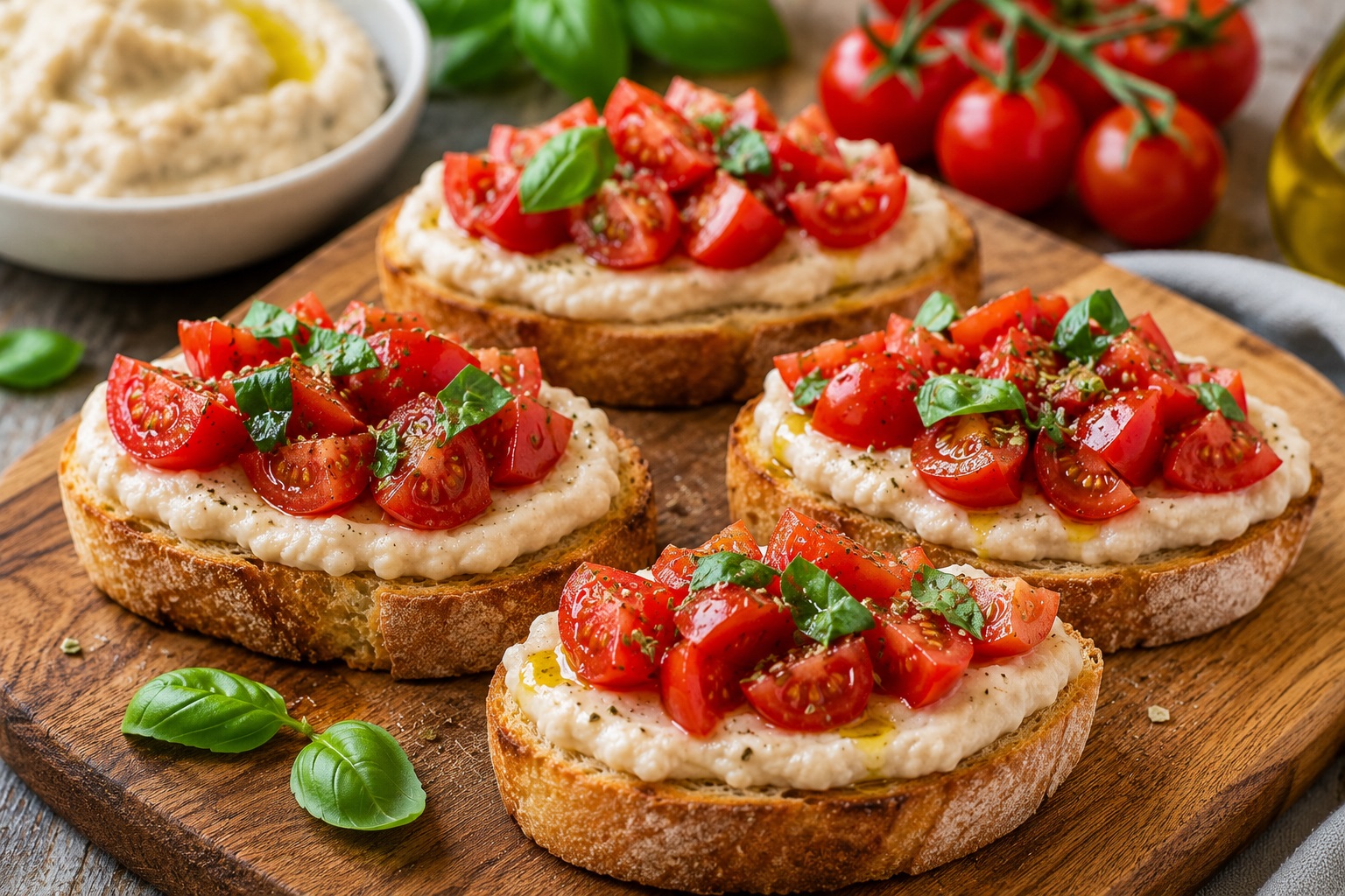 Bruschette vegane con crema di cannellini e pomodorini