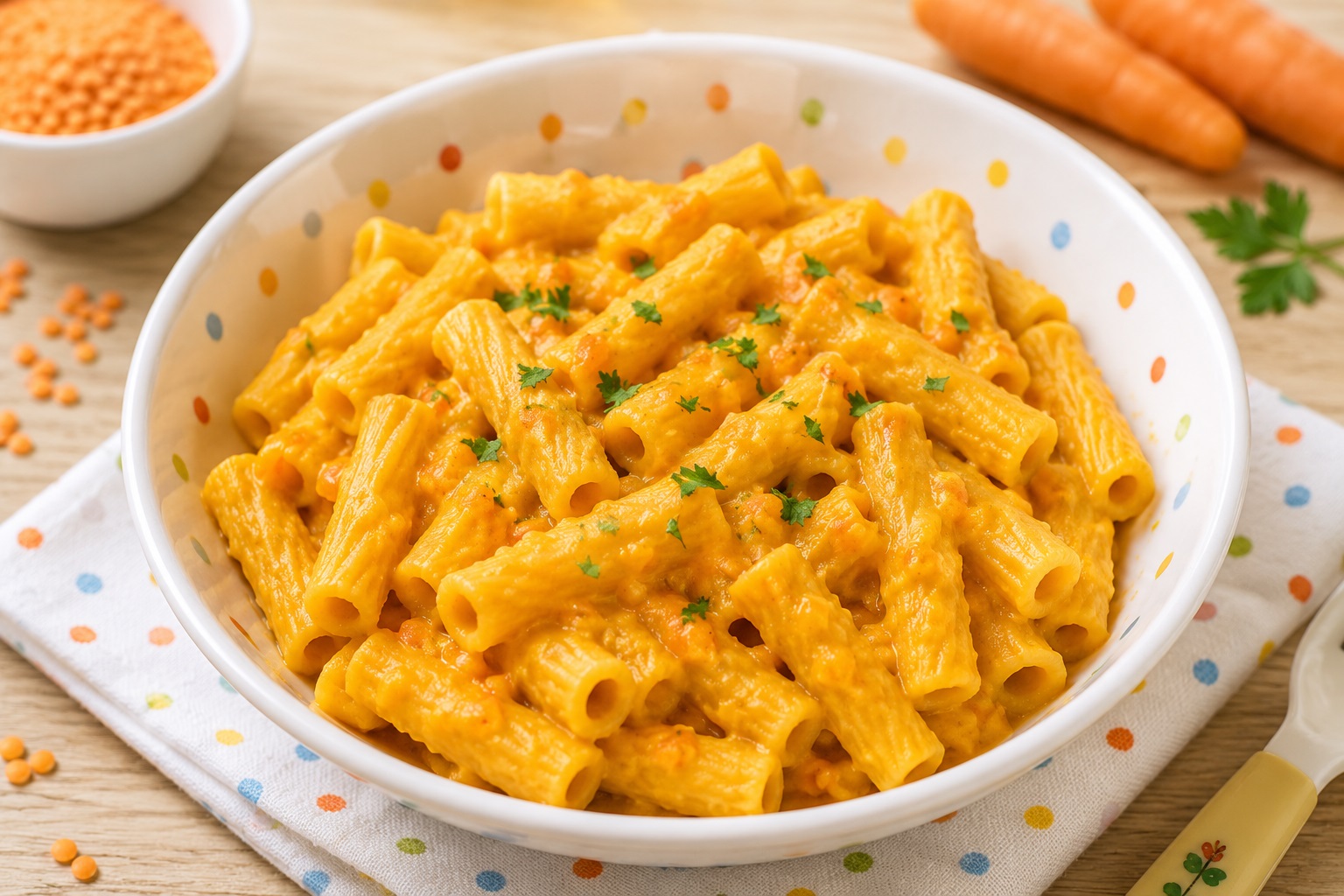 Pasta cremosa vegana per bambini con carote e lenticchie rosse