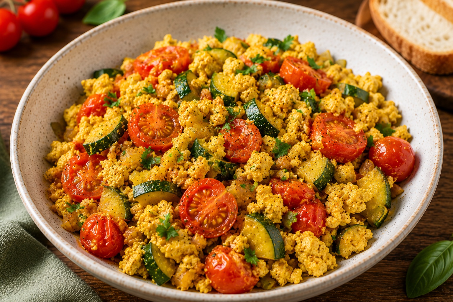 Tofu strapazzato con zucchine e pomodorini
