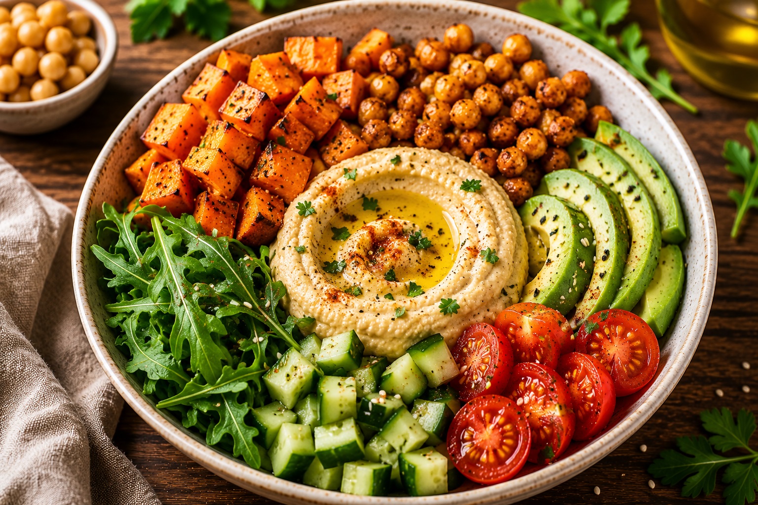 Hummus bowl vegana con patate dolci e ceci croccanti
