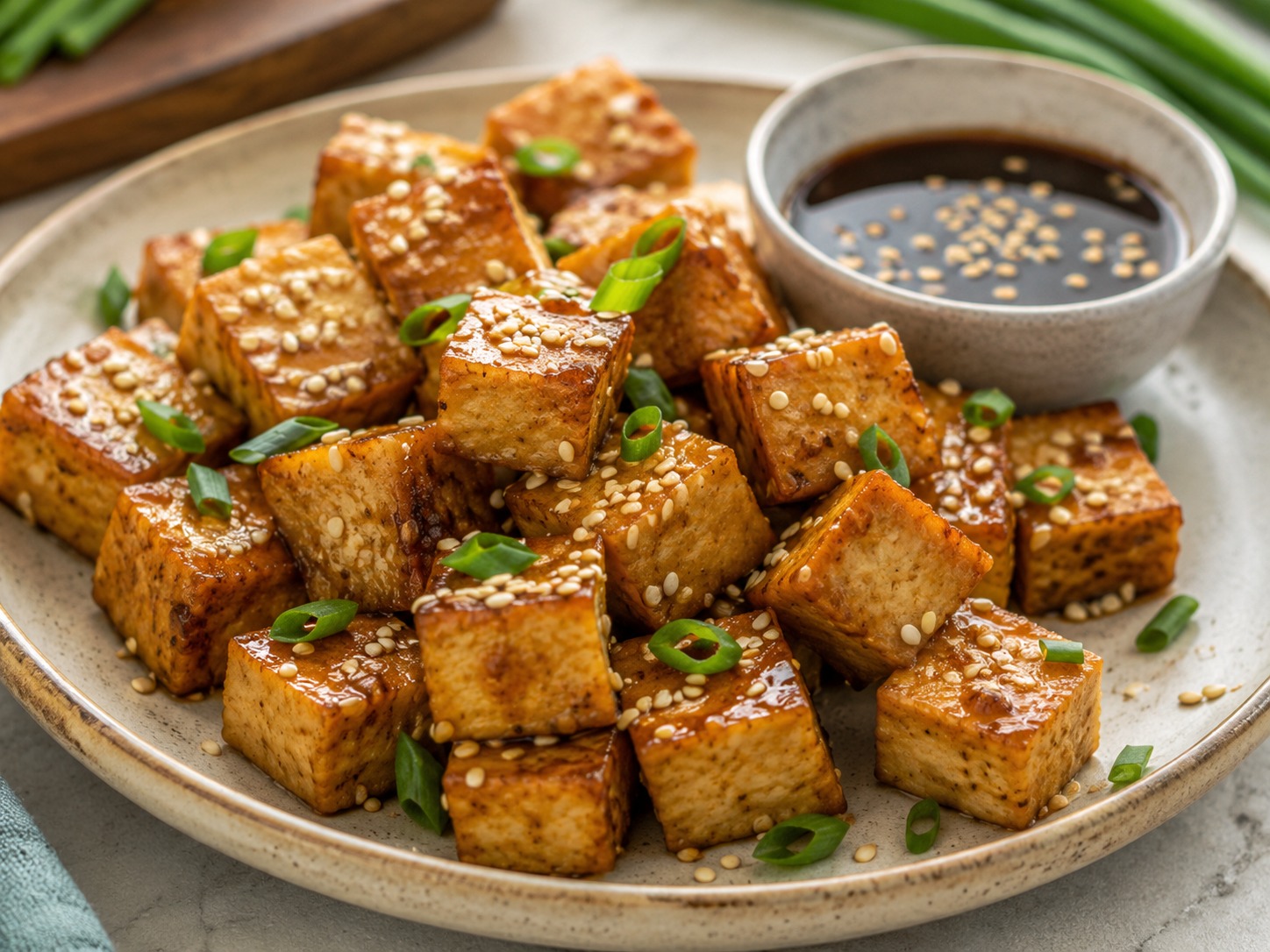 Tofu croccante al forno con salsa di soia e sesamo