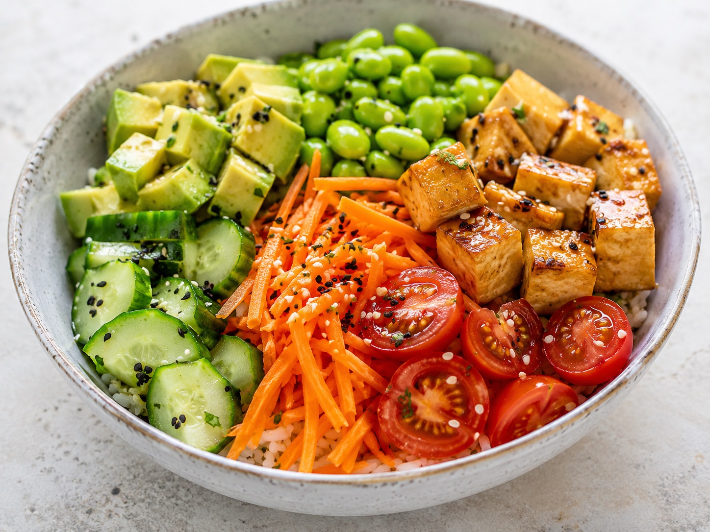 Pokè vegana con riso, avocado, edamame e tofu