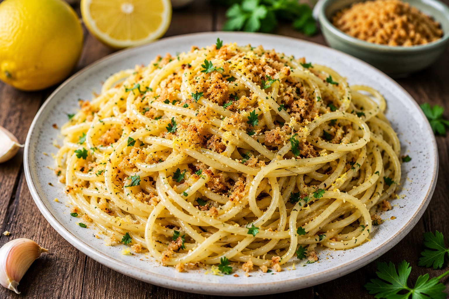 Spaghetti vegani aglio, olio, limone e pangrattato croccante