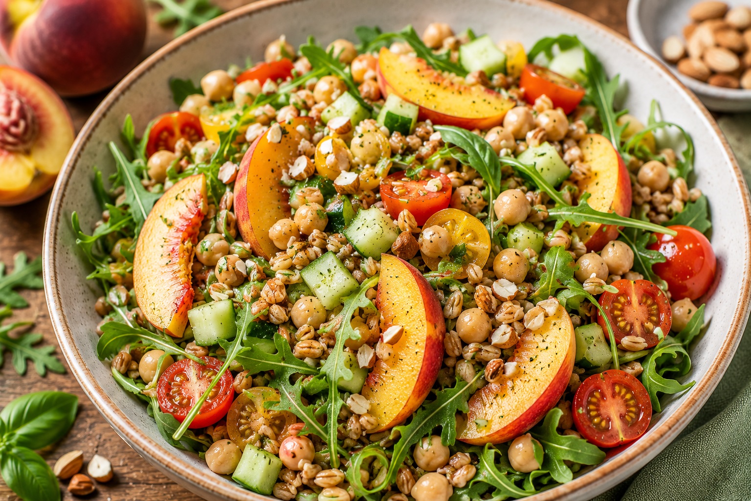 Insalata estiva vegana di farro, pesche e rucola