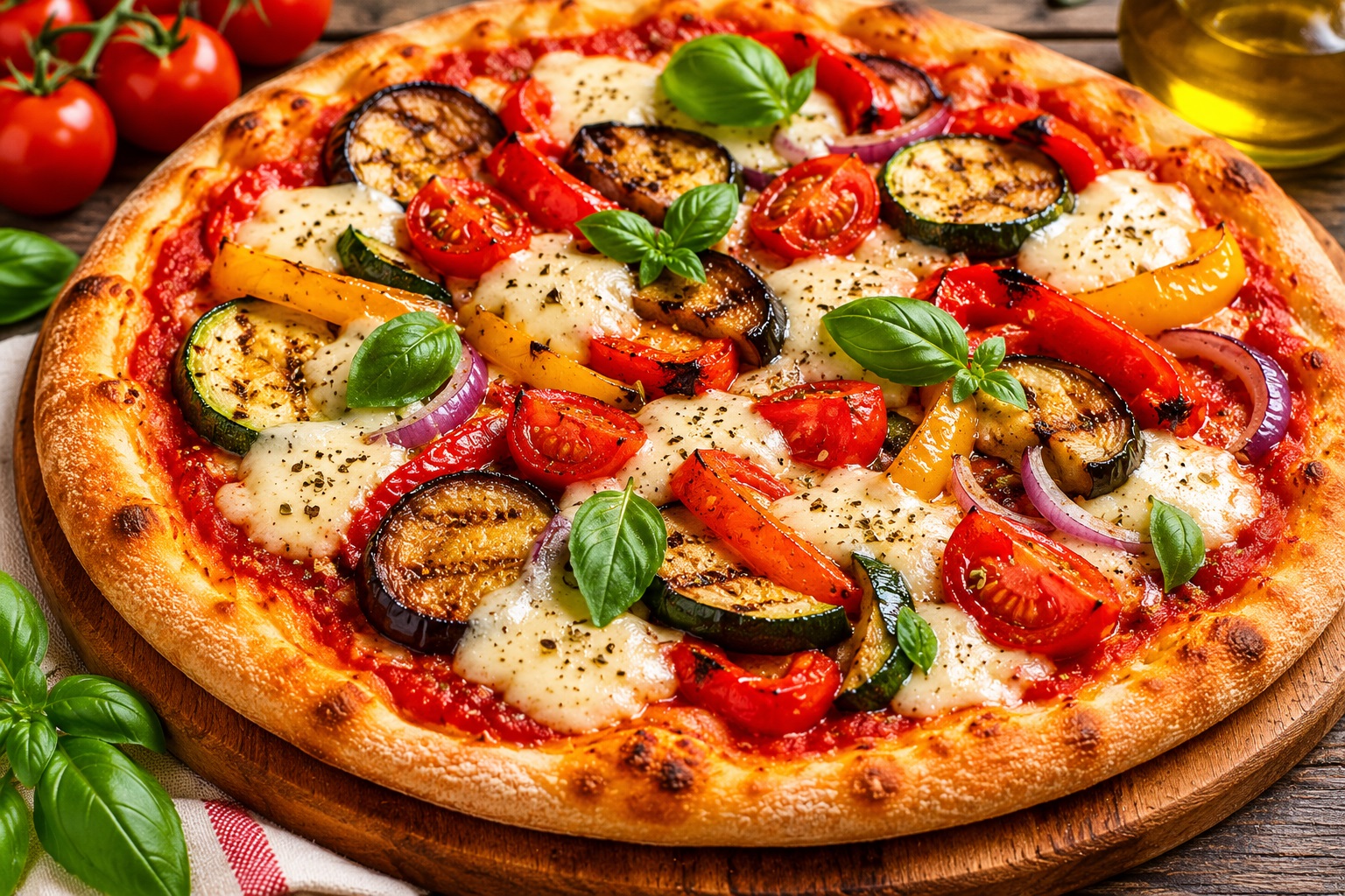 Pizza vegana con verdure grigliate e mozzarella vegetale